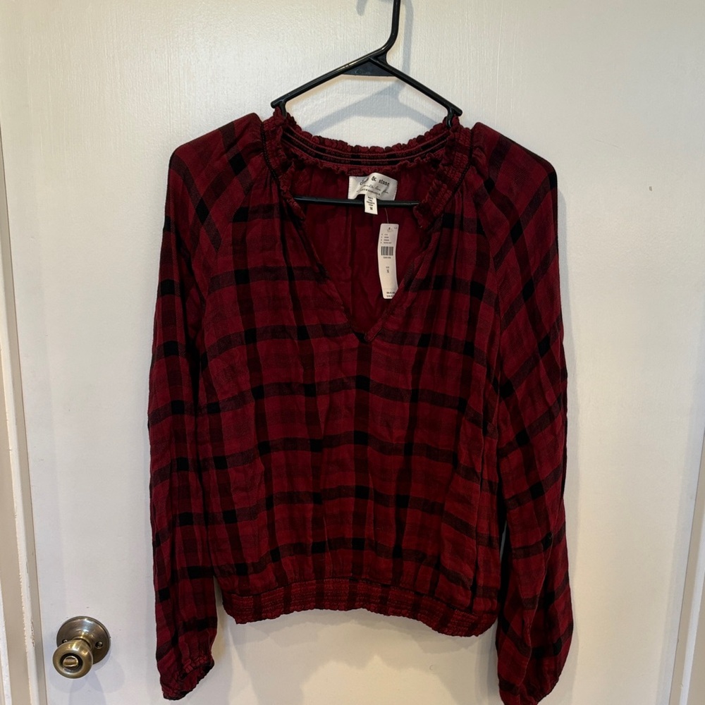 NWT anthropologie Cloth & Stone Burgundy Plaid Blouse